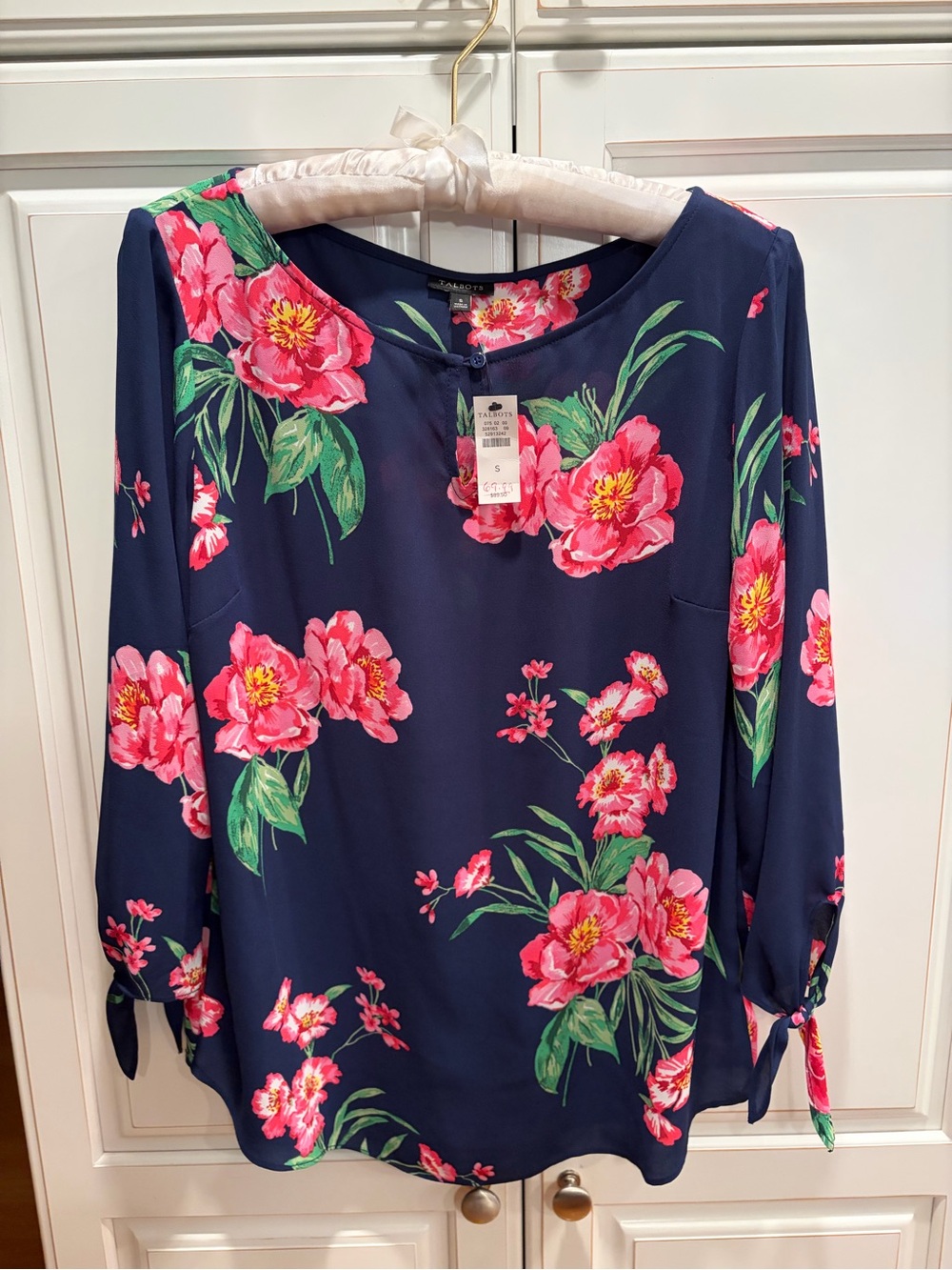 Talbots Navy Floral Blouse with Pink Blossoms